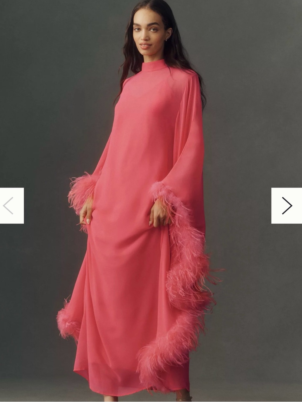 Anthropologie Kaftan Feather Trimmed Dress- Maxi Dress in Coral Pink